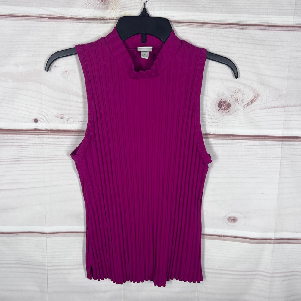 A New Day Top Women Medium Pink Ribbed Mock Neck Sleeveless Shell Stretch Office
